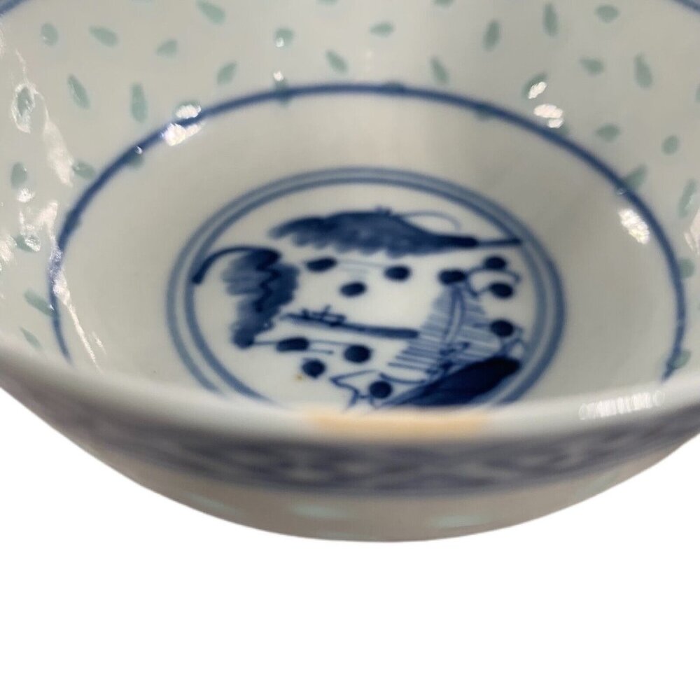 Chinese Rice Eye Grain Bowl Blue White Porcelain Spoon Set Translucent - Picture 6 of 11